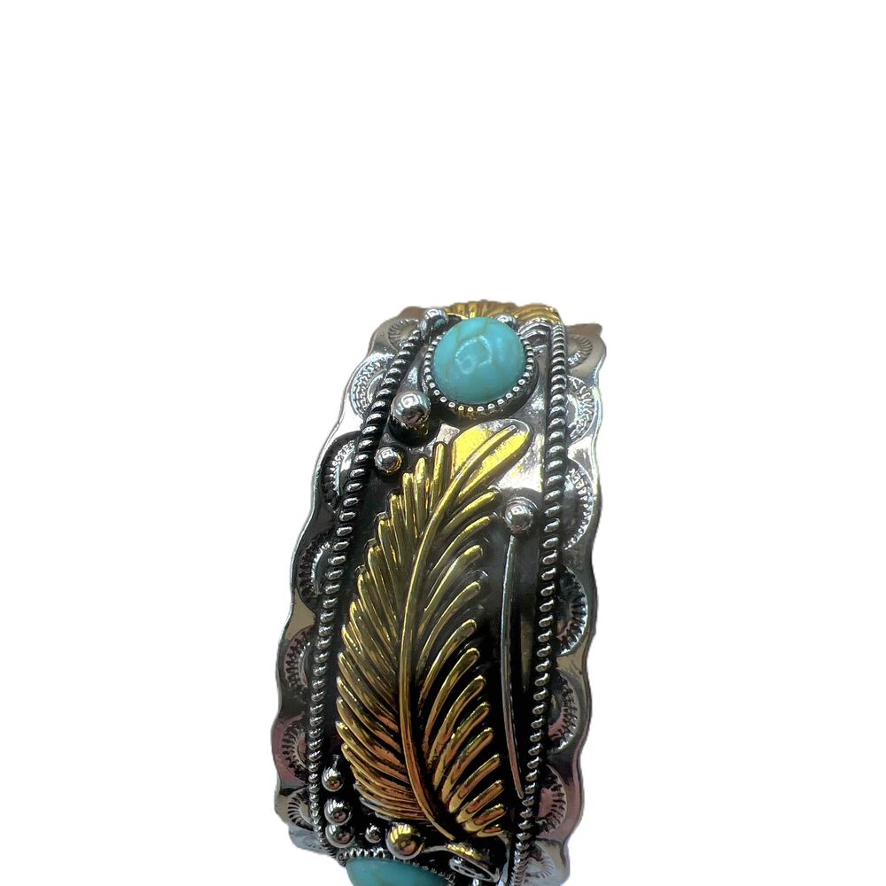 NEW Silver Gold Accents Faux Turquoise Stone Red Stone Boho Bracelet - Picture 3 of 11